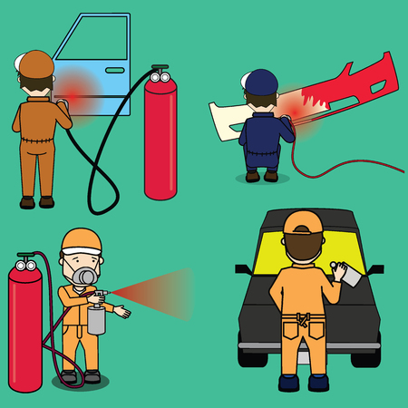 Set of worker and his work. Spraying colour on shatters car part. Flat vector illustration concept.のイラスト素材