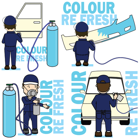 Set of worker spraying color on car parts. Flat vector illustration concept.のイラスト素材