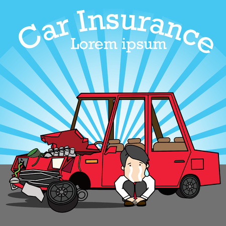 Young man sits crying. Next to the car was demolished. Flat vector illustration design.のイラスト素材