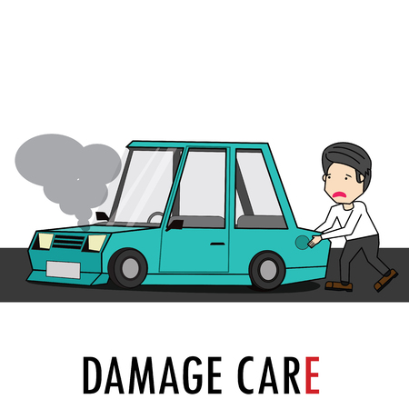 Young man pushed the car can not drive. With tiredness. Flat vector illustration design.のイラスト素材