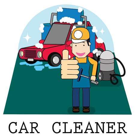 Staff shows his thumb up in the car wash service flat vector illustration concept.のイラスト素材