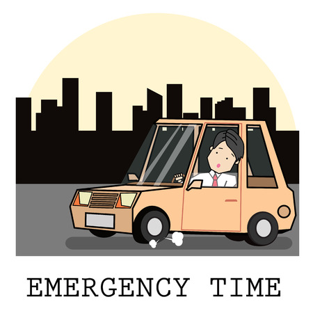 Tire leak seen by the driver cartoon vector illustration.のイラスト素材