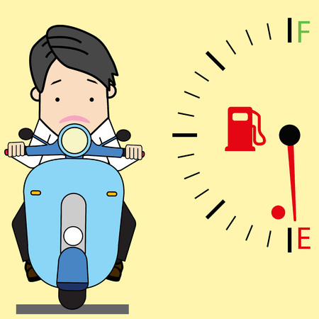 Young man driving a motorcycle With great caution When look at into the gas meter. Flat vector illustration design.のイラスト素材