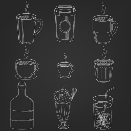 Coffee Drinks cup in hand drawing Style white stripe line on black background. vector illustration style.のイラスト素材