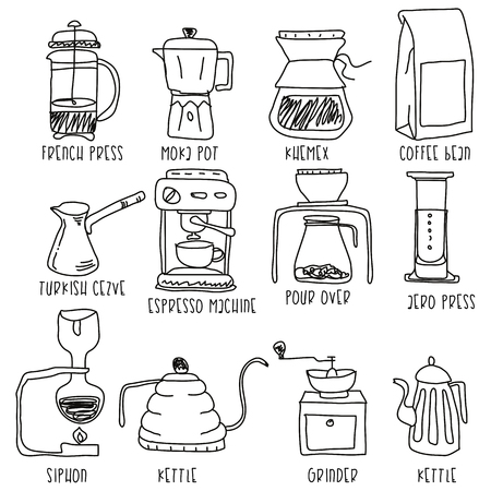 Icons for making coffee in the form of doodles. Vector flat style.のイラスト素材
