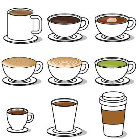 Different hand drawn coffee type on the background. Color vector illustration setのイラスト素材