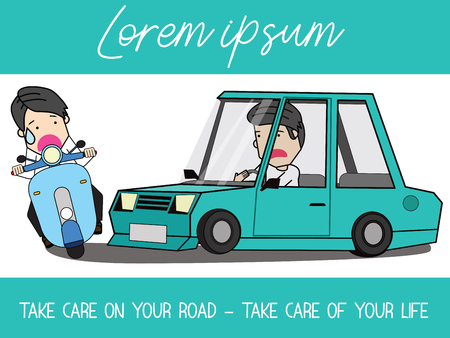 Speed car drive have a motorbike poke front cause an accident. flat vector illustration design.のイラスト素材