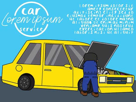 Mechanician is fixing engine and maintenance. Flat vector illustration concept.のイラスト素材