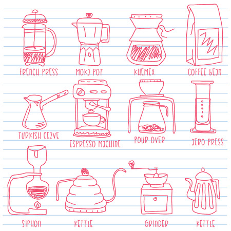 Icons for making coffee in hand drawn concept. Vector flat style.のイラスト素材