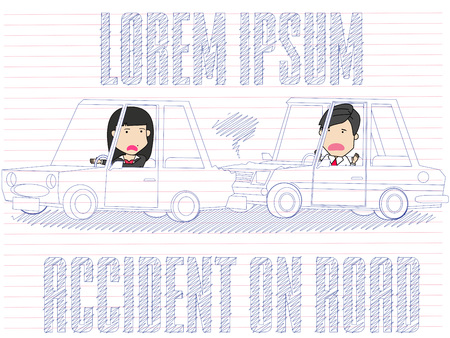 Businessman driving a private car. Car crash of the girl in shock. Funny vector concept.のイラスト素材