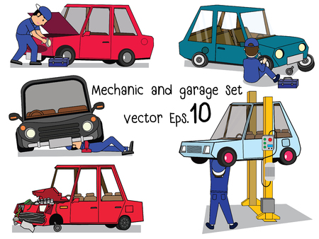 Auto mechanic working and repair car set. Flat vector design.のイラスト素材