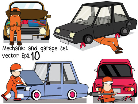 Auto mechanic working and repair car set. Flat vector design.のイラスト素材