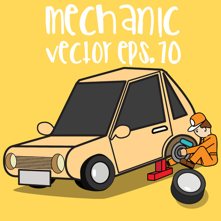 Car mechanic change tire. Flat style 3d vector illustration isolated on background.のイラスト素材