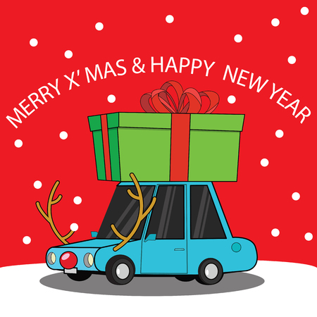 Carriage to gift box on the roof car until full of cars, happy, smile. funny vector illustration style.のイラスト素材