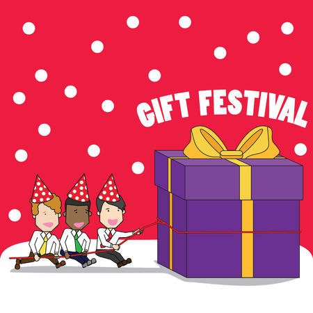 People celebrate the holiday season. By dragging the gift box to the big happy.  funny vector illustration style.のイラスト素材