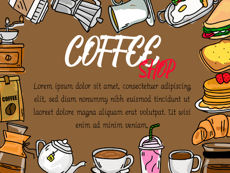 wide card coffee advertising. Vector flat style.のイラスト素材