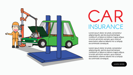 Damage car and mechanic for insurance warranty. Flat vector design.のイラスト素材