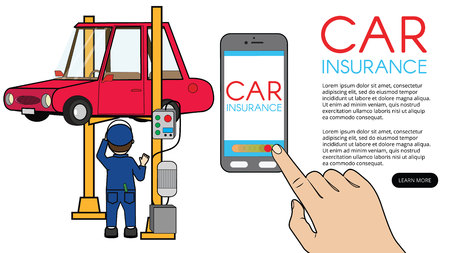 Hand push on smartphone application repair car and auto part icon Vector Illustration on wide backgroundのイラスト素材