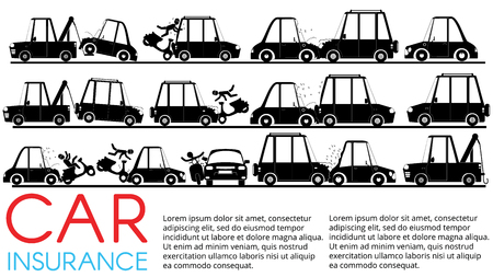Shape of accident with car in silhouette set. Flat vector concept.のイラスト素材