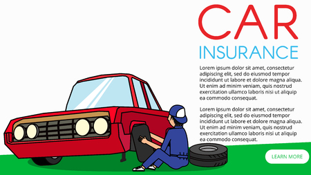 Tire service. Worker changing a punctured tire car. flat vector designのイラスト素材