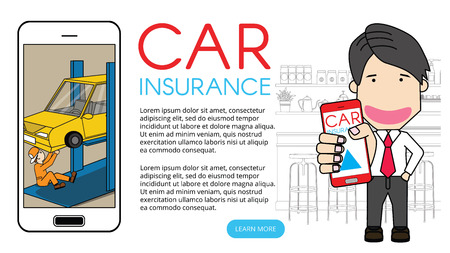 Hand push on smartphone application repair car and auto part icon Vector Illustration on wide backgroundのイラスト素材