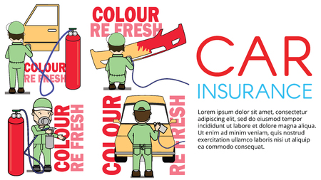 Set of worker Spraying colour on car part. Flat vector illustration concept.のイラスト素材
