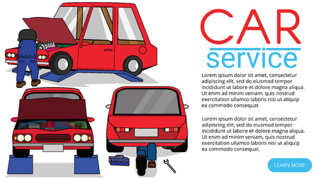 Auto mechanic fixing car in auto repair garage flat vector illustrationのイラスト素材