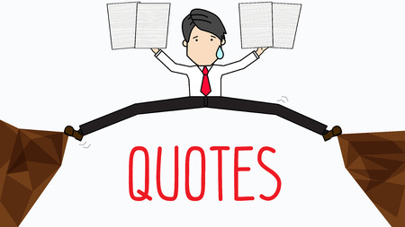 Businessman stretching his legs on problem between a cliff  for crossing. Funny flat vector conceptのイラスト素材