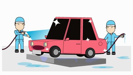 Car wash specialist in uniform washing. Flat vector illustration.のイラスト素材