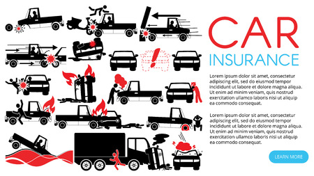 silhouette icons of pickup truck accident and insurance sign. In vector style.のイラスト素材