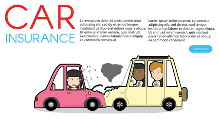 businessman and woman car crash. Two cars hit head-on. Funny flat vector concept.のイラスト素材