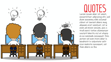 Business people on desk with graphics over head. Funny flat vector design.のイラスト素材