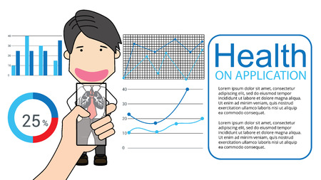 Hand holding smartphone with a man on online consultation. Vector flat illustration.のイラスト素材