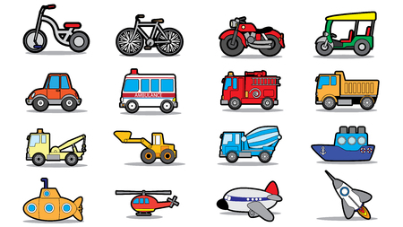 Cute vehicle types in sticker style on square graphic background. In vector format.のイラスト素材