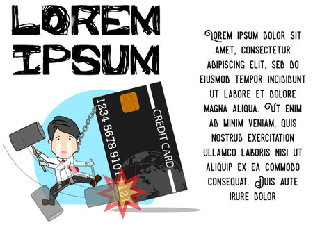 Employee man uses hammer hit card with regret. cartoon vector illustration.のイラスト素材