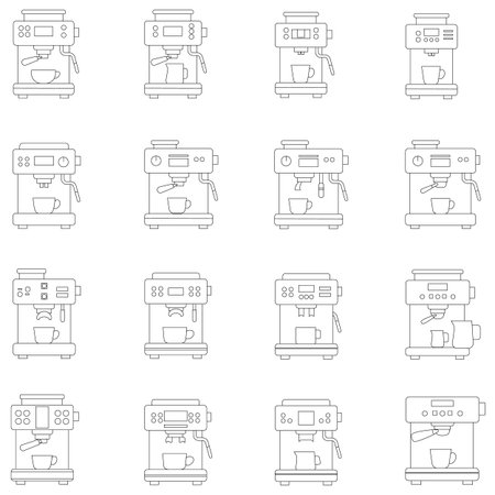 A clean, minimalist vector illustration set featuring various espresso and coffee machine designs. These black and white line-art icons depict different models, from compact home bのイラスト素材