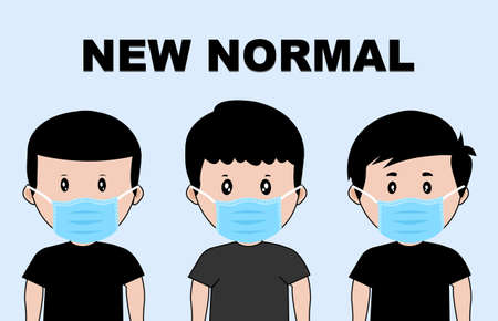 New normal concept. New lifestyle of People after the Coronavirus or COVID-19 disease pandemic. Men wearing mask and good practice to protect from COVID-19 coronavirus spread pandemic. Vector illustraのイラスト素材