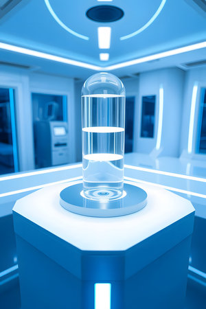 Explore a world of scientific discovery with this sleek, futuristic laboratory setting. The transparent cylinder symbolizes cutting-edge research and technology, perfect for illustrating innovation in healthcare and scientific advancement.の素材