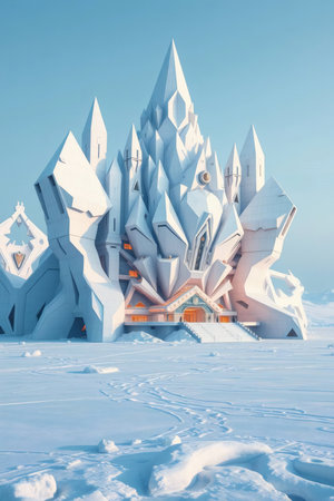 A majestic, modern ice palace rises from a snowy landscape, offering a striking visual for architectural designs, fantasy art, and travel destinations. Evokes a sense of wonder, luxury, and serene beauty.の素材