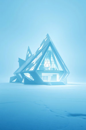 Explore a cutting-edge research facility in a stark, icy environment. This modern architectural marvel embodies innovation and scientific progress, perfect for projects seeking a futuristic or technological aesthetic.の素材