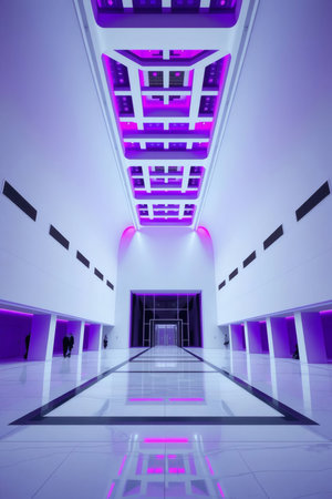 Showcase innovation with this stunning lobby. The vibrant purple lighting and futuristic design create a modern, elegant atmosphere, perfect for corporate branding.の素材