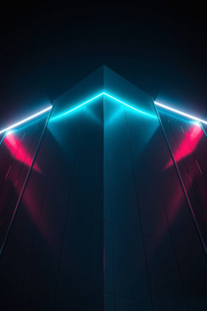 Bold futuristic structure with vibrant neon lights rises dynamically into darkness. Ideal for tech, sci-fi, and modern design projects needing a sleek, innovative edge.の素材
