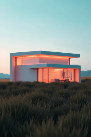 Experience serene living in this modern architectural home, bathed in warm light, set amidst a tranquil field. Minimalist elegance meets stylish design for peaceful escapes.の素材