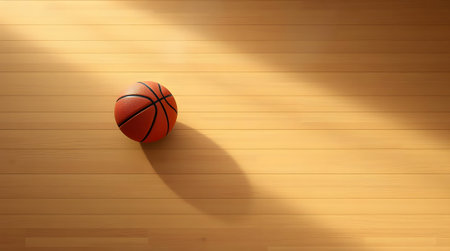 A basketball rests on a polished wooden court, bathed in dynamic light. Perfect for sports, fitness, or training concepts, it conveys energy and professional quality.の素材