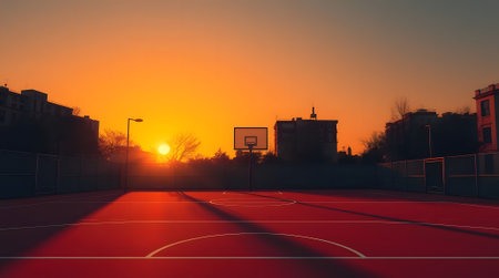 A stunning sunset scene over a vibrant basketball court evokes peaceful urban activity. Ideal for sports, recreation, and community-themed projects.の素材