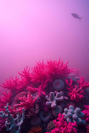 Immerse yourself in a vibrant pink coral reef teeming with life. A lone fish swims overhead, adding to the mystery of this colorful underwater world.の素材