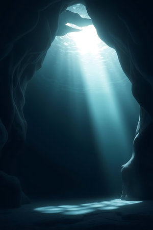 Venture into this mesmerizing underwater cave illuminated by soft light. A captivating scene evoking mystery, tranquility, and the allure of exploration.の素材