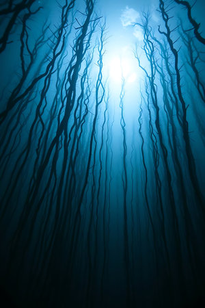 Ethereal blue forest bathed in light creates a mystical and dreamy atmosphere. Perfect for adding a touch of magic and mystery to your creative projects.の素材