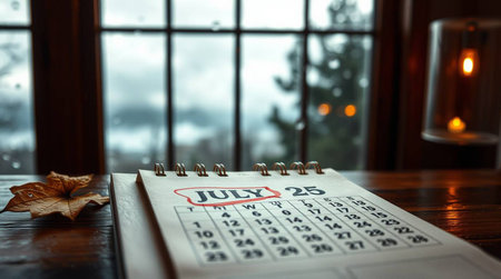 A calendar page with July 25th highlighted, creating a sense of anticipation and reflection. Perfect for illustrating the passage of time, seasonal themes, or personal milestones. Ideal for blogs, social media, or design projects.の素材