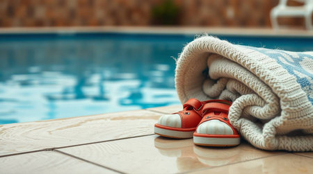Imagine a perfect summer day by the pool. These vibrant shoes and soft towel evoke feelings of rest and relaxation. Ideal for travel, vacation promotions, or any project that celebrates the joy of leisure and family time.の素材
